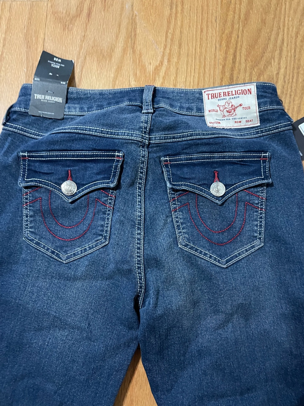 True Religion Becca Bootcut Dark Blue Slim Jeans with Red Pocket Stitching